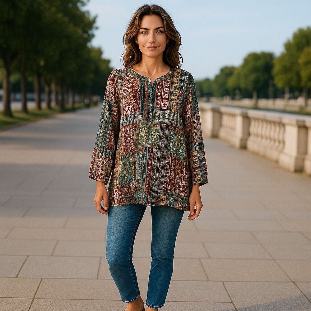 J. JILL Boho Tunic Small Multicolor Patchwork Boho Eclectic Button Front Top EUC - Picture 2 of 16